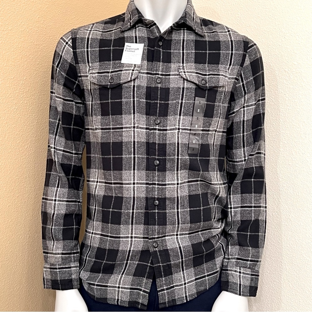 Sonoma Mens Black White Plaid Supersoft Flannel Button Down Long Sleeve Shirt